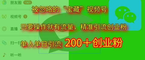 被忽略的“宝藏”视频号引流精准创业粉单人单日引流200+精准粉-靠创业轻松赚钱？[小白网创驿站] 整合稀缺资源，带你实现财富梦小白网创驿站