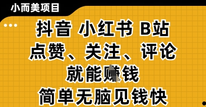 小而美的项目，抖音小红书B站视频点赞、关注、评论就能挣钱，简单无脑立见收益，妥妥的零撸项目【揭秘】-靠创业轻松赚钱？[小白网创驿站] 整合稀缺资源，带你实现财富梦小白网创驿站