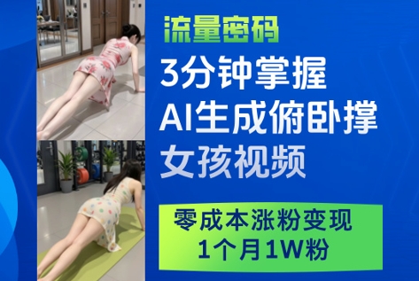 3分钟掌握AI生成俯卧撑女孩视频，零成本涨粉变现，1个月1W粉-靠创业轻松赚钱？[小白网创驿站] 整合稀缺资源，带你实现财富梦小白网创驿站