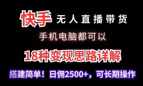 快手无人直播带货，手机电脑都可以，18种变现思路详解，搭建简单日佣2500+【揭秘】-靠创业轻松赚钱？[小白网创驿站] 整合稀缺资源，带你实现财富梦小白网创驿站