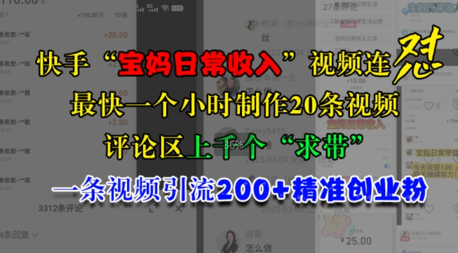 快手“宝妈日常收入”视频连怼，一个小时制作20条视频，评论区上千个“求带”，一条视频引流200+精准创业粉-靠创业轻松赚钱？[小白网创驿站] 整合稀缺资源，带你实现财富梦小白网创驿站