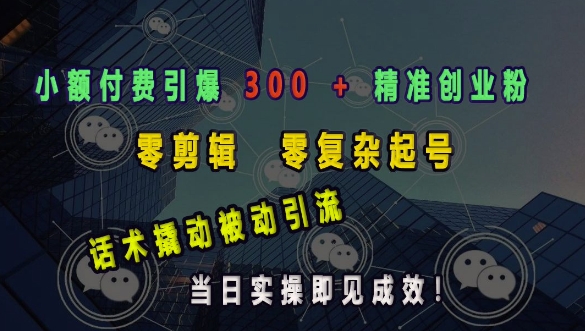 小额付费引爆 300 + 精准创业粉，零剪辑、零复杂起号，话术撬动被动引流，当日实操即见成效-靠创业轻松赚钱？[小白网创驿站] 整合稀缺资源，带你实现财富梦小白网创驿站
